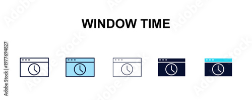 window time multi-style outline icon set - user interface concept. Thin line, regular, filled, colored window time icon