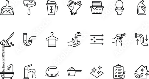 A collection of black and white line icons depicting various cleaning tools and supplies on a plain white background