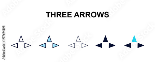 three arrows multi-style outline icon set - user interface concept. Thin line, regular, filled, colored three arrows icon