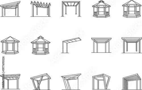 A collection of various pergola designs and structures in black and white