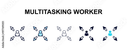 multitasking worker multi-style outline icon set - user interface concept. Thin line, regular, filled, colored multitasking worker icon