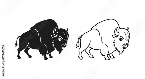 American bison silhouette and line art vector set, wild buffalo animal mascot icons, black and white bull illustrations for outdoor branding