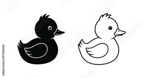 Rubber duck vector icons, black silhouette and outline duckling illustrations, cute bath toy graphics for baby shower and nursery design