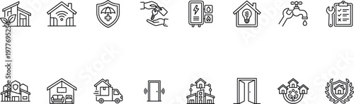 A collection of black and white line icons related to home security and protection