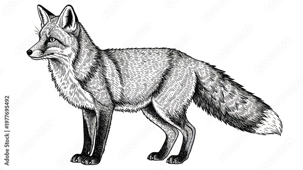 Fototapeta premium Detailed illustration of a red fox standing in profile against a white backdrop
