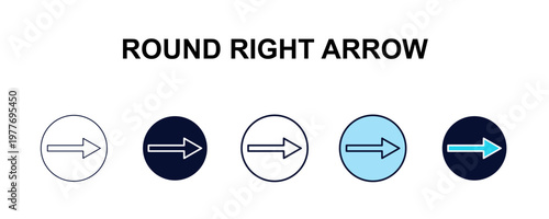 round right arrow multi-style outline icon set - user interface concept. Thin line, regular, filled, colored round right arrow icon