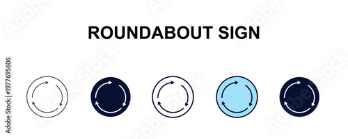 roundabout sign multi-style outline icon set - traffic signs concept. Thin line, regular, filled, colored roundabout sign icon