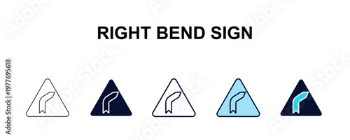 right bend sign multi-style outline icon set - traffic signs concept. Thin line, regular, filled, colored right bend sign icon