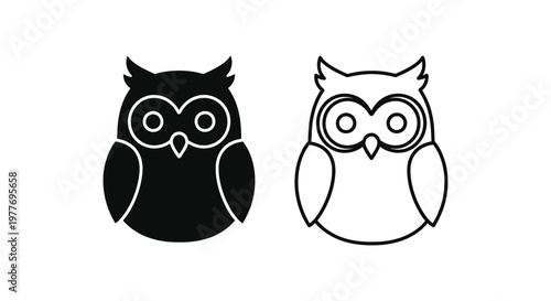 Minimalist owl icon vector set, black silhouette and outline bird symbols, wise nocturnal animal logo design elements for branding