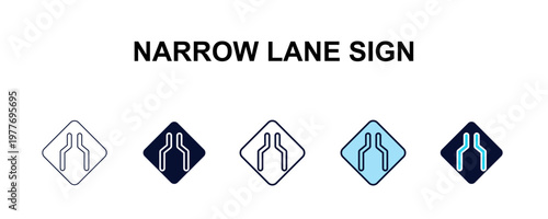 narrow lane sign multi-style outline icon set - traffic signs concept. Thin line, regular, filled, colored narrow lane sign icon