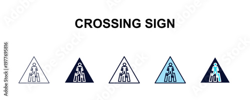 crossing sign multi-style outline icon set - traffic signs concept. Thin line, regular, filled, colored crossing sign icon