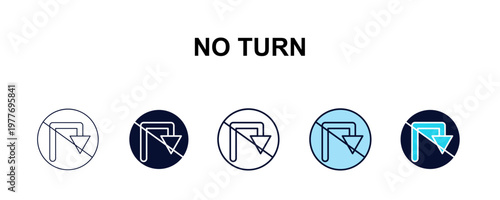 no turn multi-style outline icon set - traffic signs concept. Thin line, regular, filled, colored no turn icon