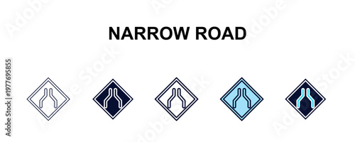 narrow road multi-style outline icon set - traffic signs concept. Thin line, regular, filled, colored narrow road icon