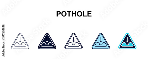 pothole multi-style outline icon set - traffic signs concept. Thin line, regular, filled, colored pothole icon