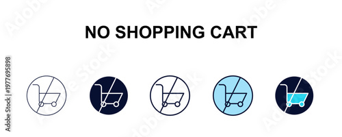 no shopping cart multi-style outline icon set - traffic signs concept. Thin line, regular, filled, colored no shopping cart icon