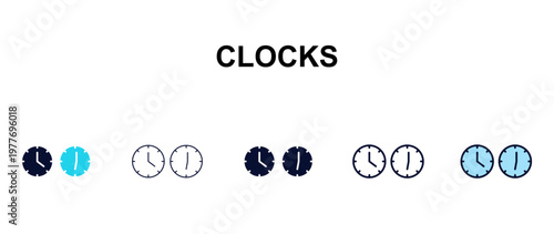 clocks multi-style outline icon set - tools concept. Thin line, regular, filled, colored clocks icon