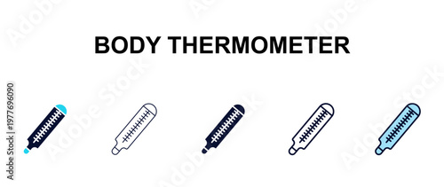 body thermometer multi-style outline icon set - tools concept. Thin line, regular, filled, colored body thermometer icon