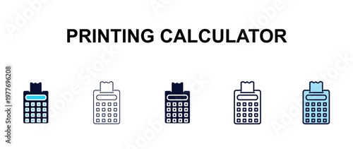 printing calculator multi-style outline icon set - tools concept. Thin line, regular, filled, colored printing calculator icon