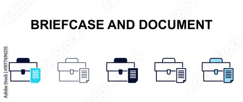 briefcase and document multi-style outline icon set - tools concept. Thin line, regular, filled, colored briefcase and document icon