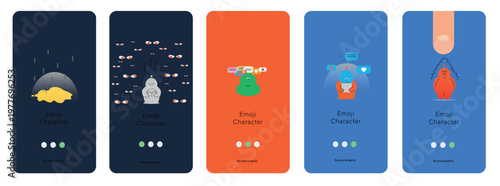 Modern onboarding illustrations with abstract emoji characters expressing emotions like stress, happiness and confusion. Ideal for mobile apps, UX/UI design, SaaS, and digital wellbeing projects.