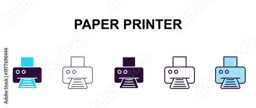 paper printer multi-style outline icon set - technology concept. Thin line, regular, filled, colored paper printer icon