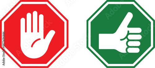 Stop and go traffic icons illustration set, red octagonal stop sign and green go symbol for road safety and regulation design.