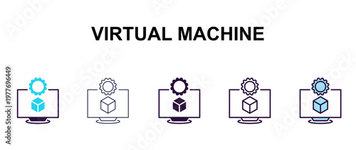 virtual machine multi-style outline icon set - technology concept. Thin line, regular, filled, colored virtual machine icon