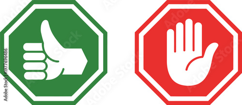 Traffic regulation icons illustration, red stop sign and green go symbol set for road safety, warning, and transportation design.