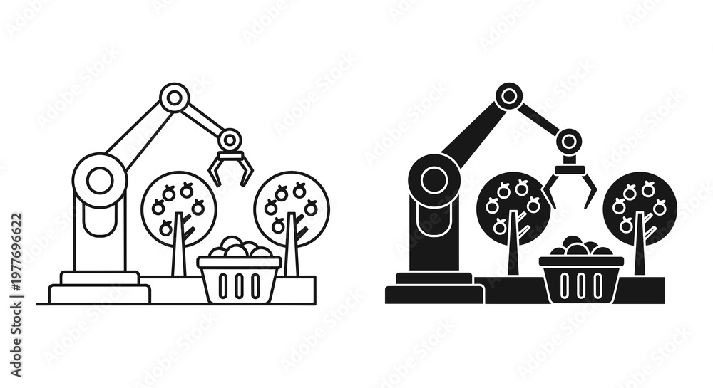Fototapeta premium Industrial robotic arms, black and white icons, farming automation, agriculture technology