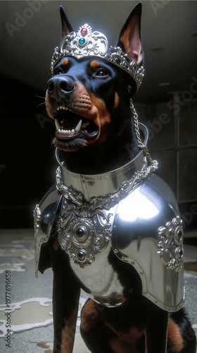 A dog wearing a metal armor with a crown on its head