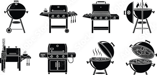 Barbecue grill icons, charcoal kettle silhouette, gas grill vector, smoker design illustration, outdoor cooking art, BBQ utensils, backyard party