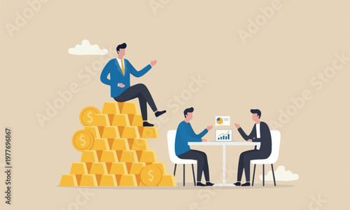 Gold investment together wealth management and asset allocation concept, businessman success wealth manager, trader or rich investor sitting on stack of gold bar bullion