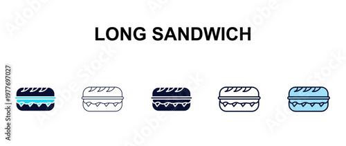 long sandwich multi-style outline icon set - restaurant concept. Thin line, regular, filled, colored long sandwich icon