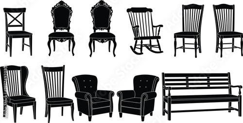 Chair silhouette icons, vintage furniture vector, rocking chair illustration, armchair design pack, wooden bench art, seating symbols, home decor