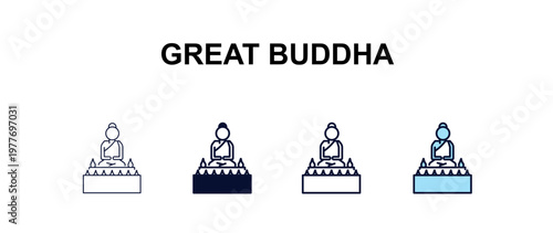 great buddha multi-style outline icon set - religion concept. Thin line, regular, filled, colored great buddha icon