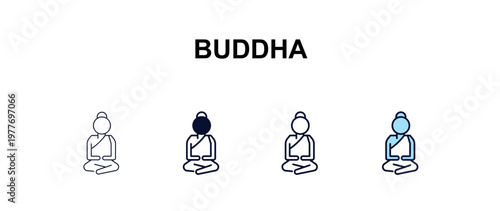 buddha multi-style outline icon set - religion concept. Thin line, regular, filled, colored buddha icon