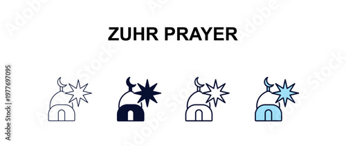 zuhr prayer multi-style outline icon set - religion concept. Thin line, regular, filled, colored zuhr prayer icon