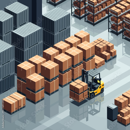 Isometric Warehouse Scene with Forklift and Stacked Boxes.