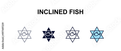 inclined fish multi-style outline icon set - religion concept. Thin line, regular, filled, colored inclined fish icon
