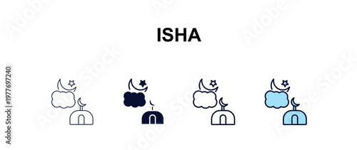 isha multi-style outline icon set - religion concept. Thin line, regular, filled, colored isha icon