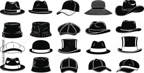 Hat silhouette icons, fedora vector, baseball cap illustration, bucket hat design, cowboy hat art, top hat symbols, beret, sun hat