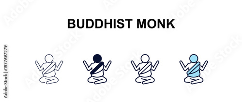 buddhist monk multi-style outline icon set - religion concept. Thin line, regular, filled, colored buddhist monk icon