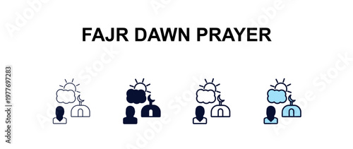 fajr dawn prayer multi-style outline icon set - religion concept. Thin line, regular, filled, colored fajr dawn prayer icon