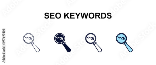 seo keywords multi-style outline icon set - programming concept. Thin line, regular, filled, colored seo keywords icon