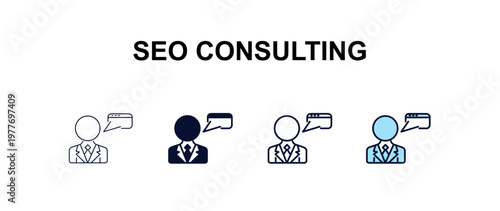 seo consulting multi-style outline icon set - programming concept. Thin line, regular, filled, colored seo consulting icon