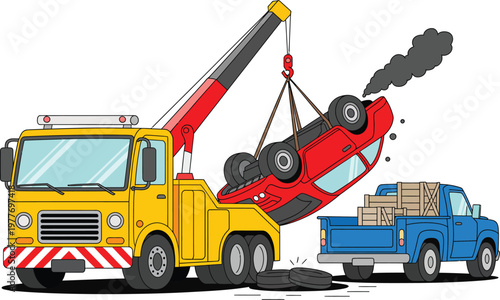 Roadside recovery tow truck illustration, damaged smoking car lifted with pickup truck carrying crates for emergency vehicle service design.