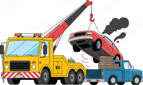 Tow truck service illustration, lifting damaged car with smoke beside pickup carrying crates for roadside assistance and recovery design.