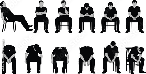 Seated posture silhouettes, sitting position icons, chair vector illustration, fatigue design pack, contemplation art symbols, ergonomic lifestyle set