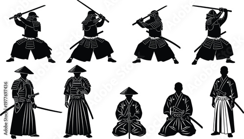 Samurai silhouette icons, katana sword vector, warrior pose illustration, traditional armor design, Japanese culture art, martial combat symbols, meditation stance