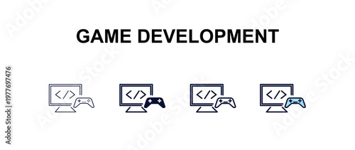 game development multi-style outline icon set - programming concept. Thin line, regular, filled, colored game development icon